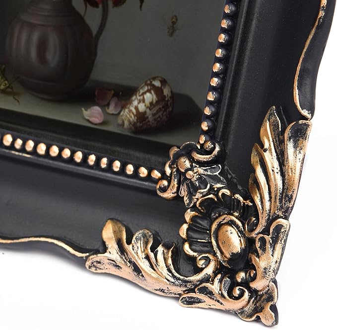 5x7 Vintage Picture Frame with Embossed Flower Design, Black Ornate Frame for 5x7 Pictures, Hand-Crafted Resin Antique Frames for Tabletop & Wall Hanging, Home Decor (Black)-Ruum Studio Home