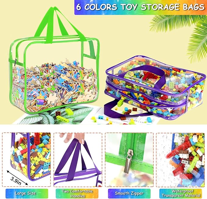 OPELETNNT 6 Color Large Toy Storage Bags with Labels, Reusable Clear PVC Board Game Storage, Travel Waterproof Organizer Bags with Zipper for Building Blocks, Puzzle, Kids Books-Ruum Studio Home
