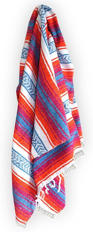 Del Mex Classic Mexican Blanket, Large Authentic Woven Falsa Throw (70"x50"), Artisan Southwest Décor for Beach, Yoga, Outdoors (Orange/Pink/Blue)-Ruum Studio Home