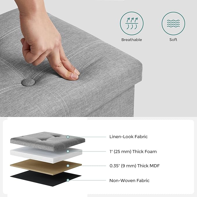 SONGMICS MAZIE Collection - 43 Inches Ottoman Storage Bench, 35 Gal. Folding Chest with Breathable Linen-Look Fabric, Load up to 660 lb, for Entryway, Living Room, Bedroom, Light Gray ULSF077G05-Ruum Studio Home