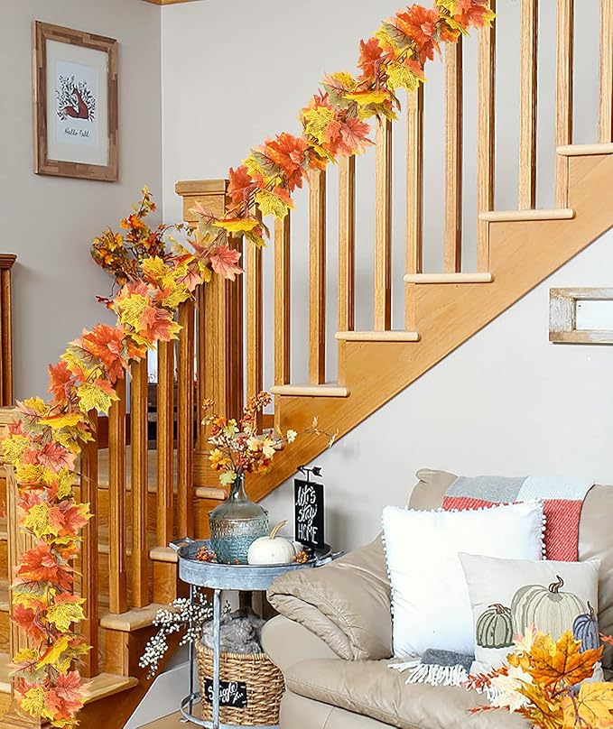 DearHouse 2 Pack Fall Garland Maple Leaf, 5.9Ft/Piece Hanging Vine Garland Artificial Autumn Foliage Garland Thanksgiving Decor for Home Wedding Fireplace Party Christmas (Light Green)-Ruum Studio Home