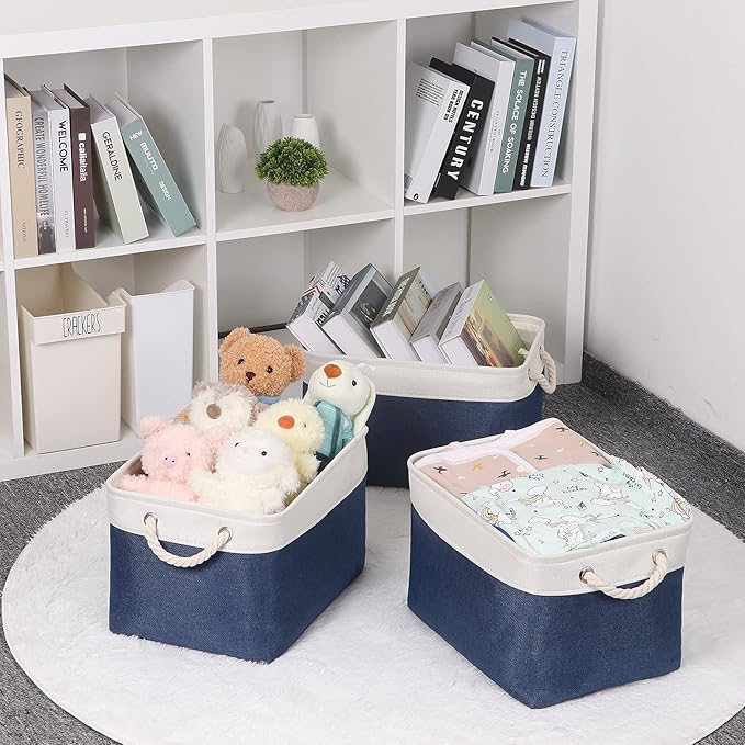 Bidtakay Storage Baskets Collapsible [3-Pack] Decorative Storage Bins with Cotton Rope Handles 15 X 11 X 9.5 Inch Organizing Baskets for Shelves Clothes Closet Navy Blue Baskets for Gifts Empty-Ruum Studio Home