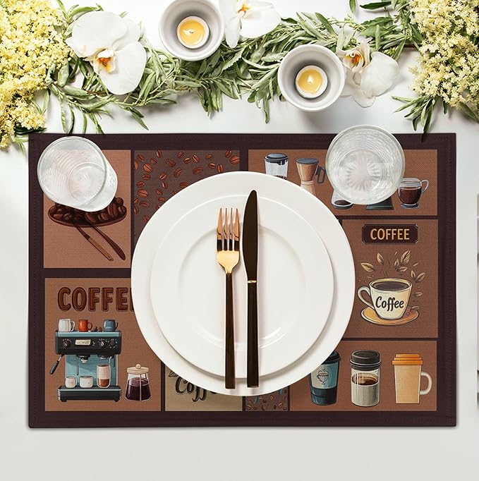 Coffee Theme Placemats Set of 4 Farmhouse Style Brown Linen Fabric Table Mat 12x18 Inch Washable Heat Resistant Non-Slip Place Mats for Home Party Kitchen Dining Decor-Ruum Studio Home