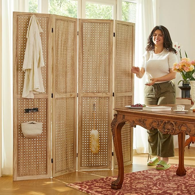 Room Divider Freestanding Folding Pegboard Privacy Screen | 4-Panel Display Stand for Jewelry, Craft Shows, Retail | Natural Wood, Portable & Space-Saving Design (Natural)-Ruum Studio Home