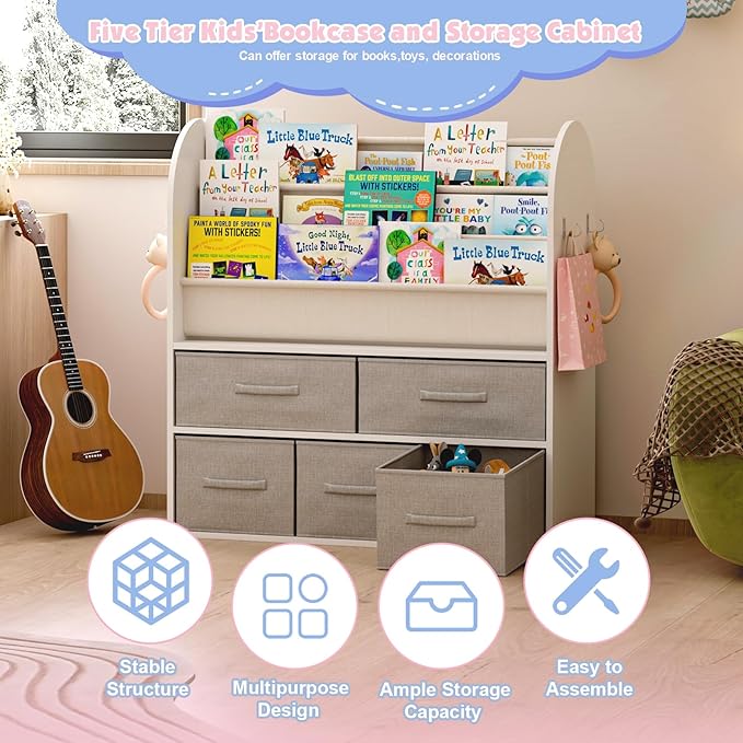 NACHES Kids Bookshelf and Toy Storage Bins, Children Bookcase Toddler Book Display Cabinet with 5 Toy Organizer Boxes for Playroom,Reading Room,Toddler Room,Nursery,Classroom-Ruum Studio Home