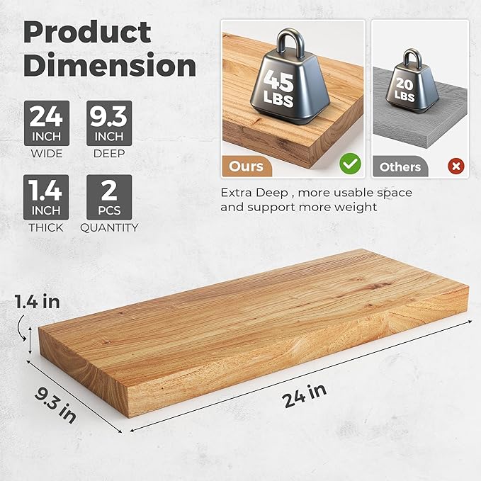 RICHFOCUS Elm Floating Shelves for Wall - 24" W x 9.3" D Rustic Solid Wood Shelves with Invisible Bracket, Wall-Mounted for Living Room, Bedroom, Kitchen Storage & Display, Set of 2, Natural-Ruum Studio Home