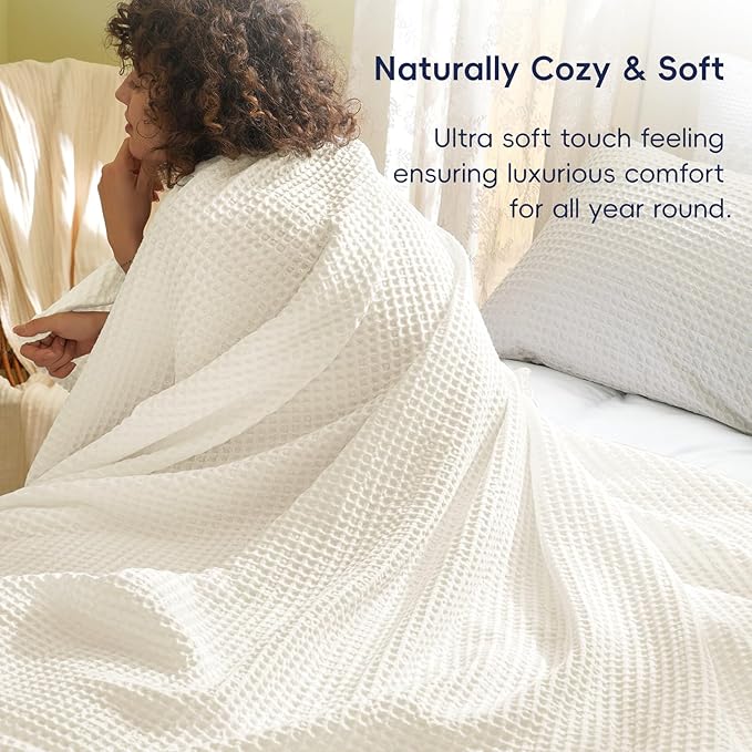 PHF Ultra Soft Waffle Weave Throw Blanket 50"x 60"- Washed Lightweight Breathable Cozy Woven Blanket for Bed - Aesthetic Decor for Couch Bedding Sofa Home Car - Coconut White-Ruum Studio Home
