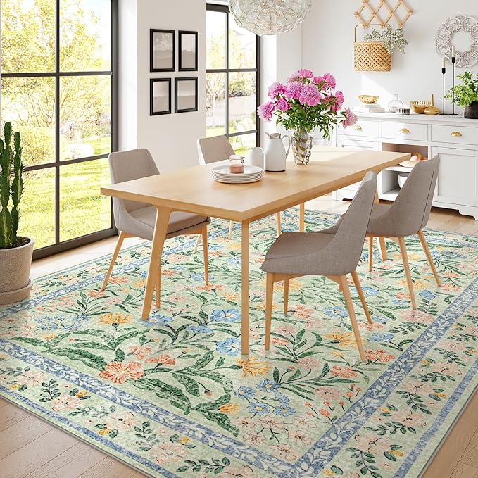 Wonnitar Machine Washable Area Rugs 9x12, Soft Sage Green Floral Rug for Living Room Bedroom, Ultra-Thin Large Foldable Boho Carpets for Playroom Classroom Dining Room-Ruum Studio Home