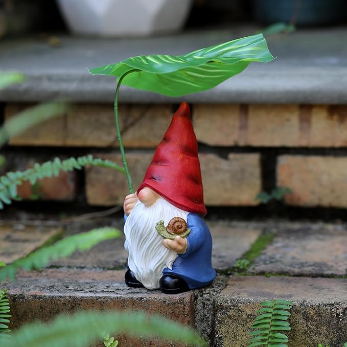Garden Gnome Statue Decoration with Leaf Umbrella, 7.5” Figurine Ornament for Indoor Outdoor Home Patio Yard Lawn, for Gnome Lovers & Garden Enthusiasts，Mom，Women-Ruum Studio Home