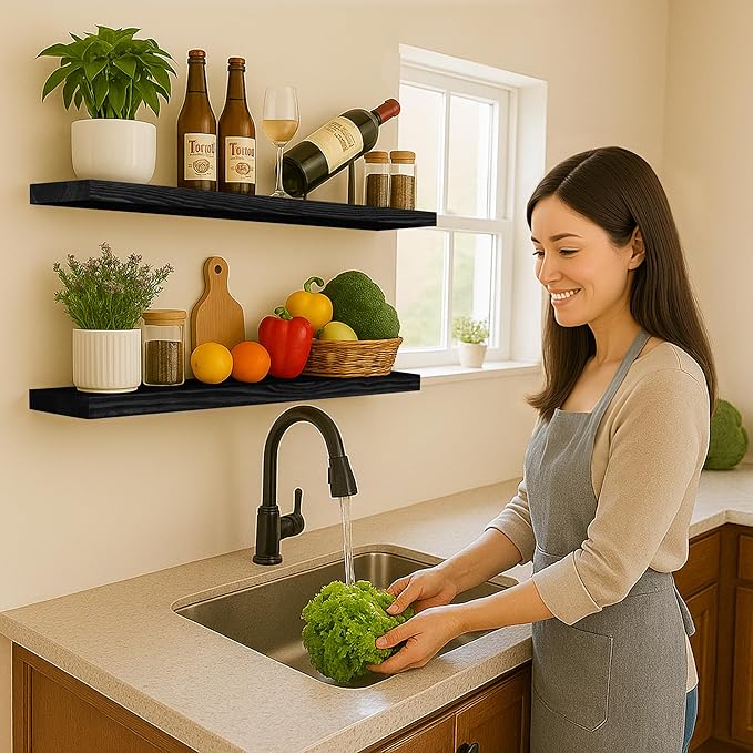 BGMG Wood Floating Shelves 36 inch Long,Wide Rustic Wooden Wall Shelves for Bathroom Living Room Bedroom Kitchen Farmhouse Set of 2-36x6.7x1.25 inch-Black-Ruum Studio Home