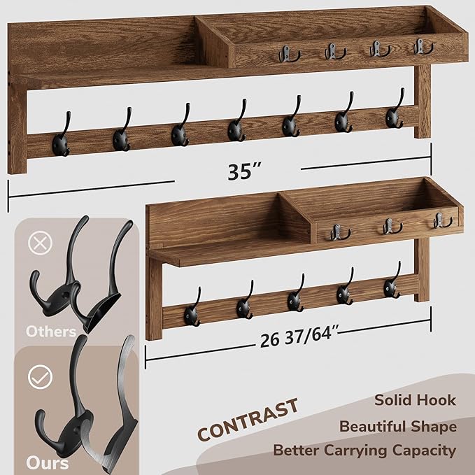 AMBIRD Coat Rack Wall Mount, 35 inch Large Wall Hooks with Shelf, Entryway Shelf with 7 Dual Coat Hooks 4 Key Hooks Mail Organizer, Wooden Coat Hanger and Key Holder Wall Mount-Ruum Studio Home
