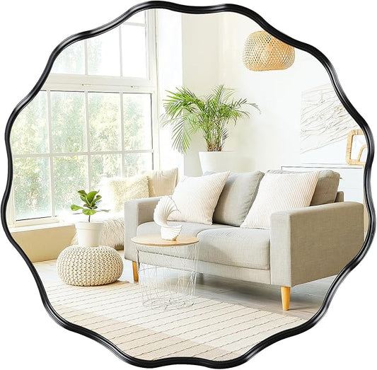 Fabuady Black Round Wavy Edge Mirror - 24'' Circle Wall Mirror with Metal Frame, Decorative Hanging/Leaning Mirror for Bathroom, Bedroom, Living Room, Hallway, Entryway, Office, Home Decor-Ruum Studio Home