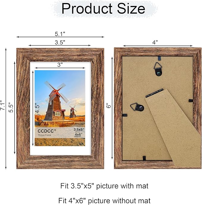4x6 Picture Frame Set of 4, 4 x 6 Wood Photo Frames with Mat for 3.5x5, Natural Wooden Frame with Real Glass Cover for Wall and Tabletop Display,Rustic Brown-Ruum Studio Home