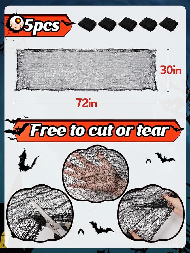 Biubee 5Pcs Halloween Black Creepy Cloth - Spooky Gauze Fabric Cloth for Haunted Horror House Halloween Party Doorway Outdoors Decoration (30" × 72")-Ruum Studio Home