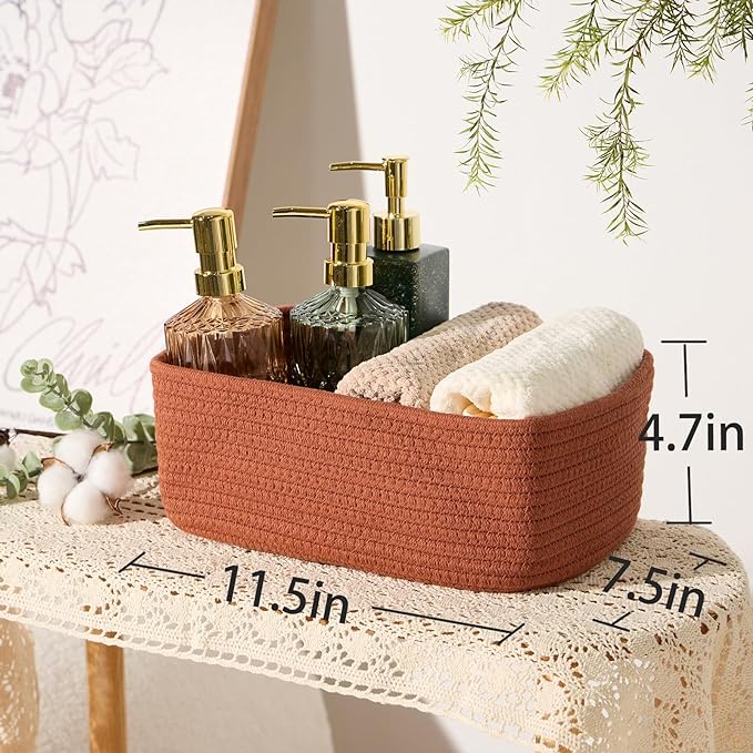 Small Storage Baskets for Organizing | Closet Organizer Bins | Shelf Toy Basket | Woven Rope Baskets | Cube Decorative Box | Shallow Basket | 11.5x7.5x4.7” | 3 Packs Oxide Red-Ruum Studio Home