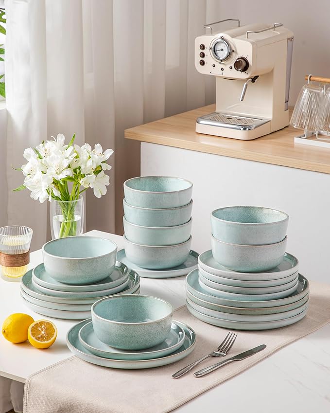 vancasso ANYA 24 Pieces Plates and Bowls Set, Mint Green Dinnerware Sets, Reactive Glaze Dishes Set for 8, Ceramic Dishware Sets Kitchen Dinner Set, Microwave & Dishwasher Safe-Ruum Studio Home