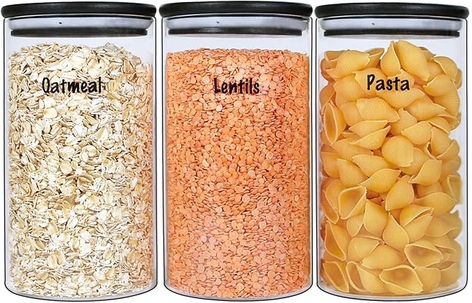 Urban Green Glass Jars with Black Lids, Glass food storage container sets with black lids, Airtight Canisters Sets with Bamboo Lids. Pantry Jar (3 Pack of 48oz)-Ruum Studio Home