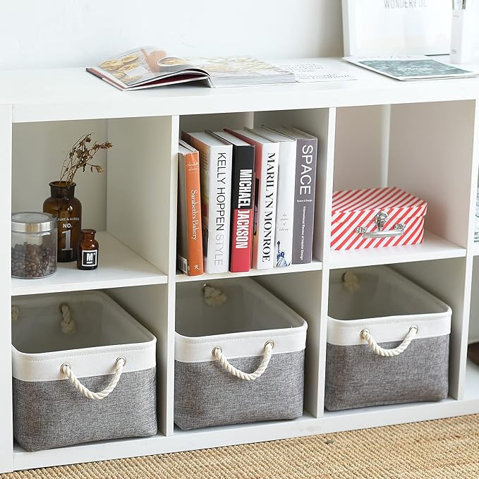 TcaFmac Collapsible Storage Bins for Organization - Large 3 Pack Canvas Storage Basket for Shelves, Organizer Baskets for Organizing for Closet Cloth Dog Toy Baby (White & Grey 16x12x8 inch)-Ruum Studio Home