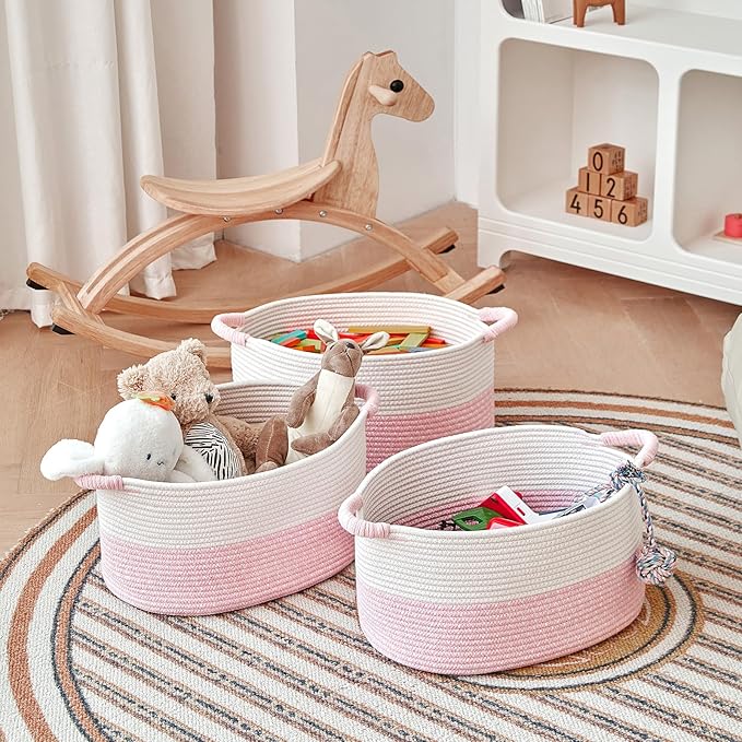 Storage Baskets for Organizing | 15"x10.2"x9.1" - 1 Pack Nursery Bin with Handles - Woven Cotton Rope Baskets for Dog Toys, Books, Shelf, Bathroom,Closet -Pink Basket for Girls-Ruum Studio Home