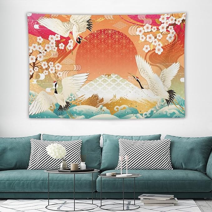 HZOHNAGO Japanese Tapestry Cherry Blossom Crane Sea Wave Fuji Mountain Red Sun Pattern Printed Wall Tapestry Painting Wall Hanging for Bedroom Living Room Dorm 90" W x 60" H-Ruum Studio Home