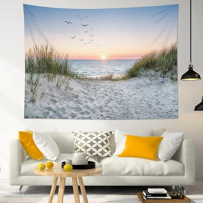 HVEST Ocean Beach Tapestry Wall Hanging, Sunset Seabird and Beach with Grass, Natural Landscape for Bedroom, Living Room, Dorm Decoration, 92.5x70.9 Inches-Ruum Studio Home