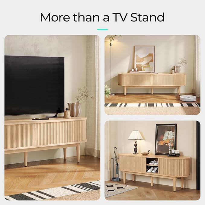 LINSY HOME Fluted TV Stand for 75" TV, Mid-Century Modern 70" Entertainment Center with Sliding Tambour Door and Storage Cabinet, Cruved TV Media Console Table for Living Room, Bedroom, Oak-Ruum Studio Home