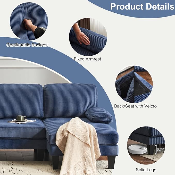 Karl home U-Shape Sectional Sofa Couch 111" Modern 4-Seat Sofa with Chaises Corduroy Fabric Upholstered Covertible Couch with Wood Grain Legs for Living Room, Reception Room, Apartment, Navy Blue-Ruum Studio Home