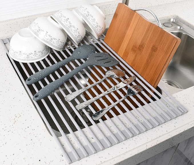 Surpahs Over Sink Foldable Multipurpose Roll-Up Dish Drying Rack, Silicone Wrapped Stainless Steel, Warm Gray, 17.5" x 13.1"-Ruum Studio Home