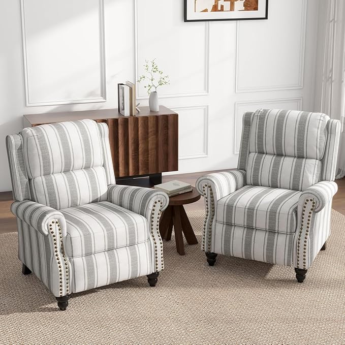 UIXE Pushback Recliner Chairs Set of 2, Fabric Armchair Push Back Accent Chair for Living Room, Rivet Trim Club Chair Overstuffed Home Theater Bedroom Reading Seat - Stripe Gray-Ruum Studio Home