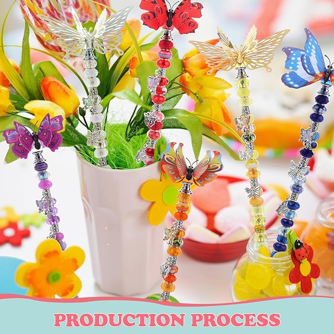 380pcs Beaded Garden Stake, DIY Butterfly Fairy Wand Garden Stake Kit with 10IN Threaded Rod Crystal Stopper Top Large Holes Beads Butterfly Decoration Pendants Outdoor Fairy Garden kit-Ruum Studio Home