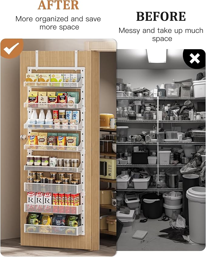 Over the Door Pantry Organizer 8-Tier, Large Metal Door Spice Rack with Adjustable Basket, 2 in 1 Wall Mount or Hanging Heavy-Duty Pantry Door Storage Shelf for Kitchen and Bathroom, White-Ruum Studio Home