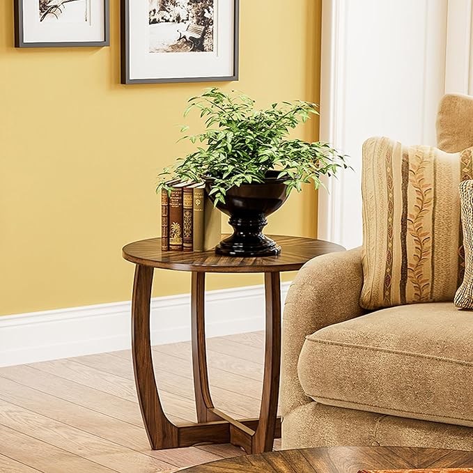 PADMA HOUSE Round Wood End Table with Curved Legs, Drum Circle Side Table with Snowflake Tabletop, Rounded Wooden Sofa Side Table, Brown Walnut Wood Tabletop & Legs 23.6" x 21.7"-Ruum Studio Home
