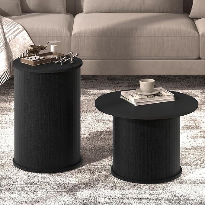 Set of 2 Round Nesting Coffee Tables for Living Room, Fluted Circle Black Wood Coffee and End Table Sets for Apartment, Small Spaces, Bedroom, Modern Style, Easy Assembly & Maintenance-Ruum Studio Home