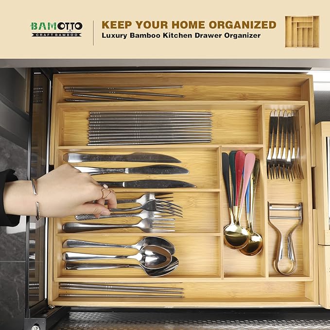 Expandable Bamboo Drawer Organizer – Large 20"x16.9" Size with Adjustable Dividers – for Kitchen Utensils, Knives, Cutlery, Flatware & Silverware Storage Tray-Ruum Studio Home