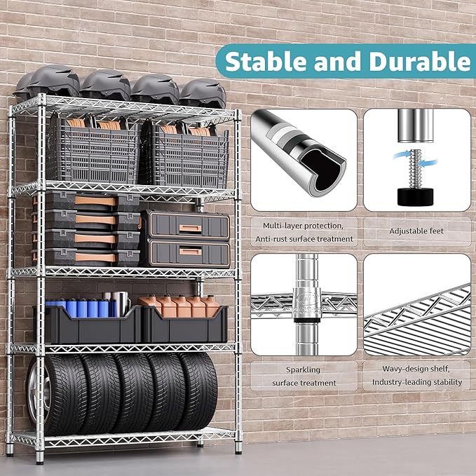 1750 LBS Storage Shelves 5-Tier Utility Shelving Unit Steel Organizer Wire Rack for Home,Kitchen,Office,Garage, Capacity 17.7" D x 47.2" W x 72.3" H-Ruum Studio Home