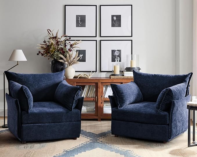 Oversized Accent Chair, Upholstered Modern Sofa Chair with Removable Backrest & Detachable Cover, 24.5" Deep Seat Large Reading Armchair for Living Room Bedroom Office - Chenille Blue Set of 2-Ruum Studio Home