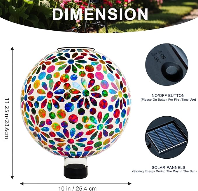 VOREEN 10" Mosaic Glass Gazing Ball with Solar Light, Outdoor Solar Gazing Globe, Handmade IP44 Waterproof Garden Decor Sphere for Patio Yard, Ideal Gift for Mom Wife Friend, Colorful Daisy Design-Ruum Studio Home