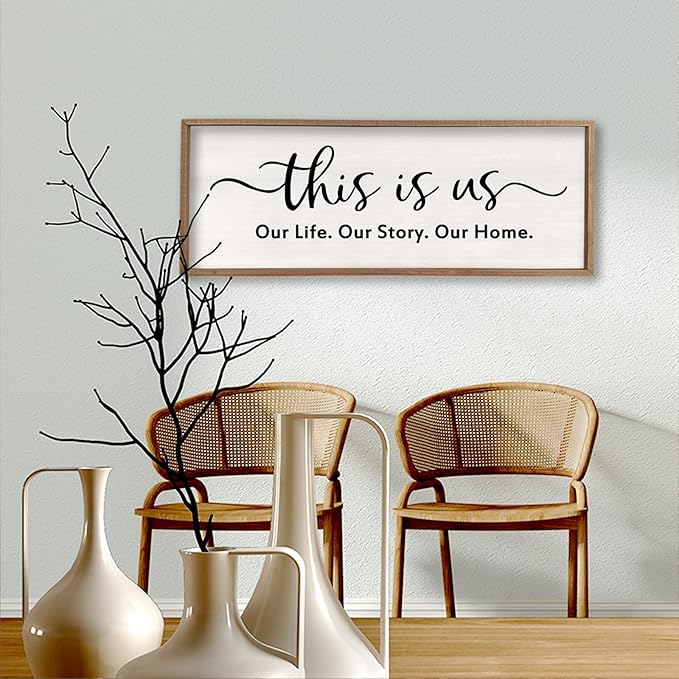 This is us Wall Decor Sign 40'' x 15'' Large Master Bedroom Home Life Story Wood Framed Vintage Family Sign Rustic Plaque Living Room Minimalist Farmhouse Hanging Wall Art (Wood)-Ruum Studio Home