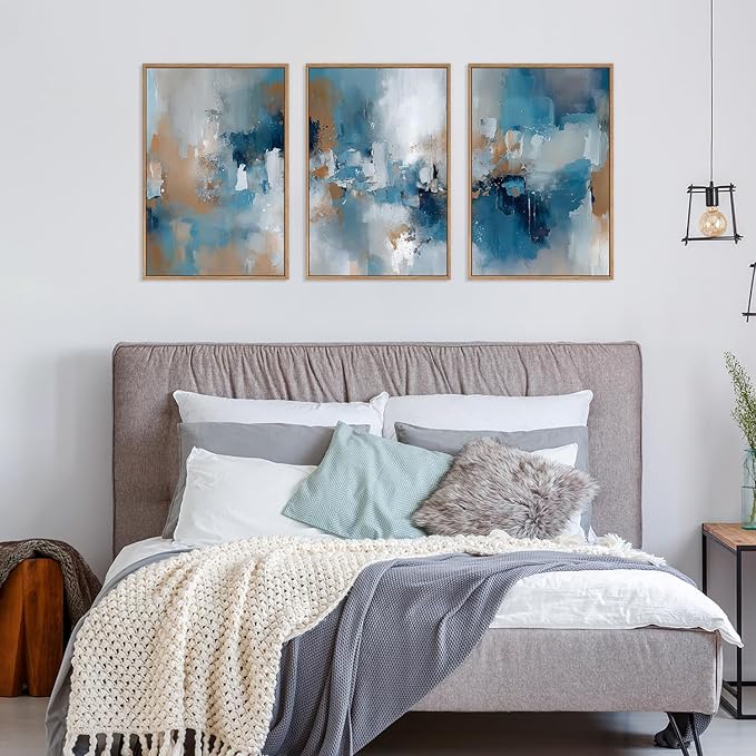 HLNIUC Large Blue Abstract Framed Canvas Wall Art,Blue and Brown Brush Strokes Wall Decor Set of 3(16”x24”)Neutral Modern Wall Painting,Watercolor Minimalist Abstract Art Print for Living Room,Bedroom-Ruum Studio Home