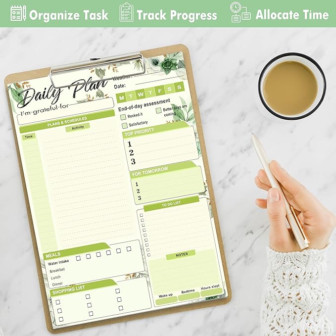 Daily Plan Notepad, 52 Sheets 8.5" X 11.5" Daily for To-Do Lists, Habit Tracking, Academic Scheduling, and Productivity Goals - Perfect for Work, Home, and Office Organization| Tropical Green Floral-Ruum Studio Home