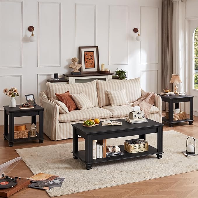 Farmhouse Coffee Tables for Living Room,Square Tea Table with Open Storage Shelf,Large Coffee Table,Rustic Wooden Center Table,Black-Ruum Studio Home