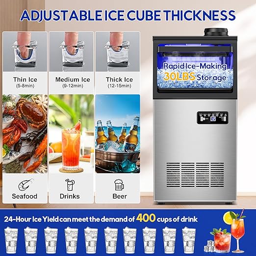 Commercial Ice Maker Machine, 110Lbs/24H, 30Lbs Storage, 36Pcs Clear Ice Cubes in 10-15Mins, Stainless Steel Under Counter or Freestanding Ice Machine - 2 Water Inlet Modes, for Home Party Office-Ruum Studio Home