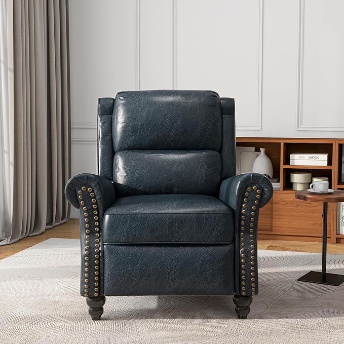 UIXE Pushback Recliner Chair, Faux Leather Armchair Overstuffed Accent Chair for Living Room, Rivet Trim Club Chair Home Theater Single Sofa Bedroom Side Reading Seat - Navy Blue-Ruum Studio Home