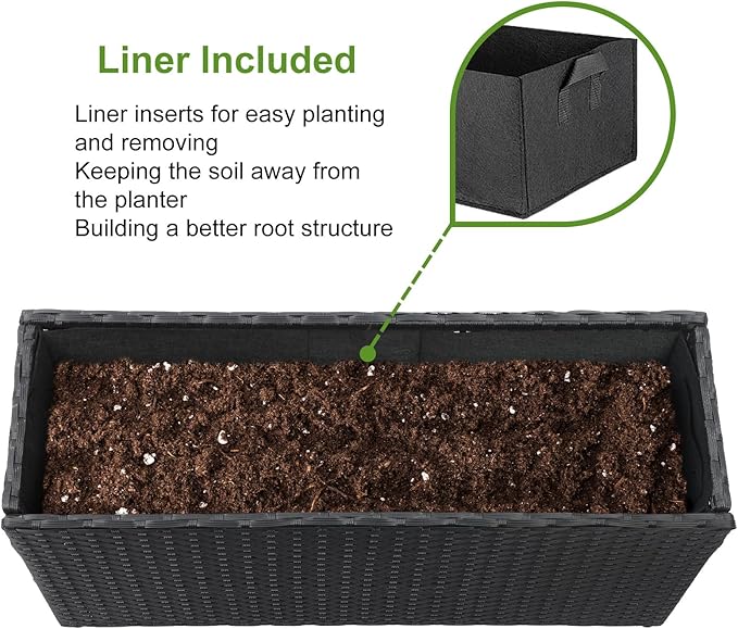 LEWIS&WAYNE Large Rectangular Block Planter Box Handmade Wicker Tall Planters for Outdoor Plants with Removable Liners Modern Planter for Indoor Outdoor Patio Deck - Black, 30''x12''x16''-Ruum Studio Home