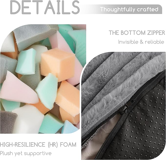 HIGOGOGO Round Stuffed Pouf Ottoman, Stripe Faux Fur Poufs with Foam Chunk Filling, Furry and Fluffy Pouf Foot Stool Storage Ottoman, 26 X 18 Floor Poufs Foot Rest for Living Room, Grey-Ruum Studio Home