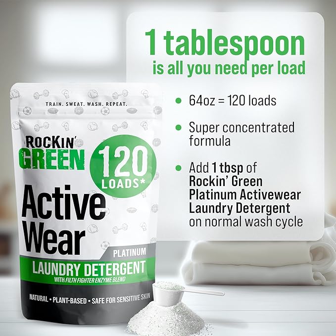 Rockin' Green Laundry Detergent, Plant based, All Natural Laundry Detergent Powder, Vegan and Biodegradable Odor Fighter, Safe for Sensitive Skin (Active Wear 120 Loads - Unscented)-Ruum Studio Home