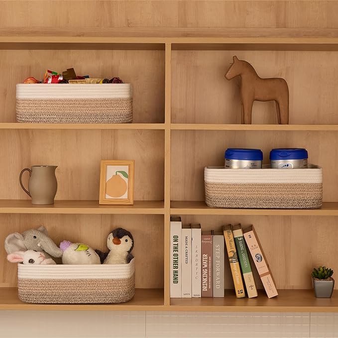 Large Shallow Organizing Baskets 15x11x5.1 Inches - Rope Woven Storage Bins for Bathroom, Shelves, Cube Closet, Gradient Brown 2 Packs-Ruum Studio Home