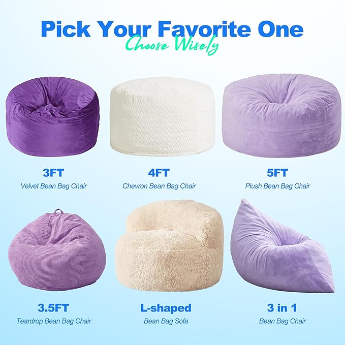 Hobestluk 3 in 1 Bean Bag Chair Giant Bean Bag Chairs for Adults with Plush Faux Fur Cover Convertible Bean Bag Floor Cushion with Machine Washable Cover for Living Room (Plush Purple)-Ruum Studio Home