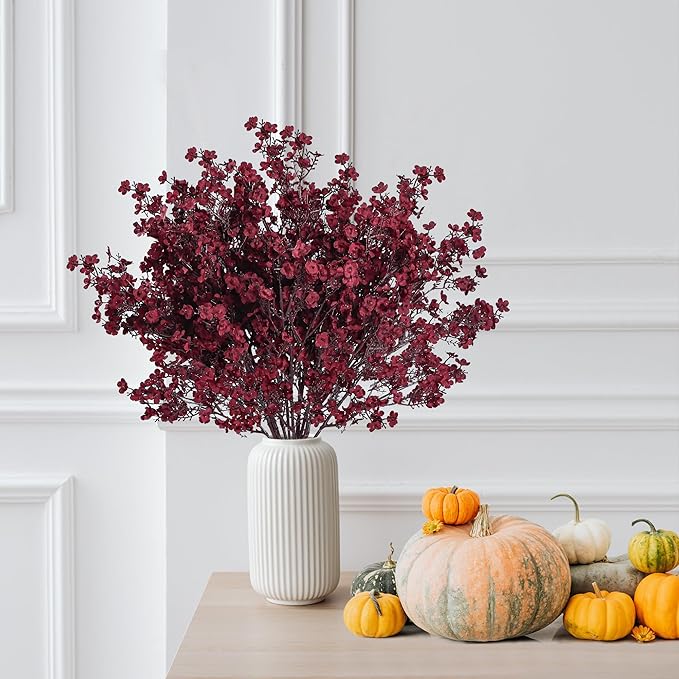 Sggvecsy 15 Pcs Babys Breath Artificial Flowers Gypsophila Bouquets Bulk Real Touch Fake Silk Flowers for Home DIY Floral Arrangement Table Centerpiece Fall Thanksgiving Autumn Decoration (Burgundy)-Ruum Studio Home
