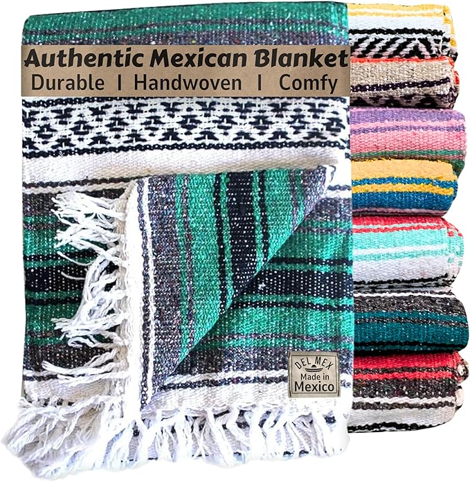 Del Mex Classic Mexican Blanket, Large Authentic Woven Falsa Throw (70"x50"), Artisan Southwest Décor for Beach, Yoga, Outdoors (Teal)-Ruum Studio Home